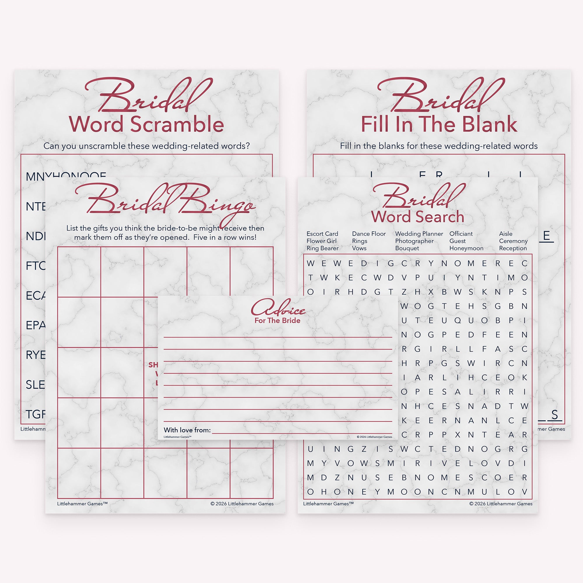 Rose gold and marble bridal shower printable games bundle with matching game cards and advice cards