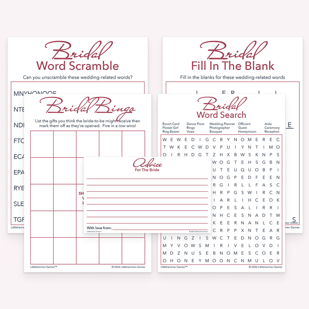 Rose gold printable bridal shower game bundle with bingo, word search, fill in the blank, word scramble, and advice cards