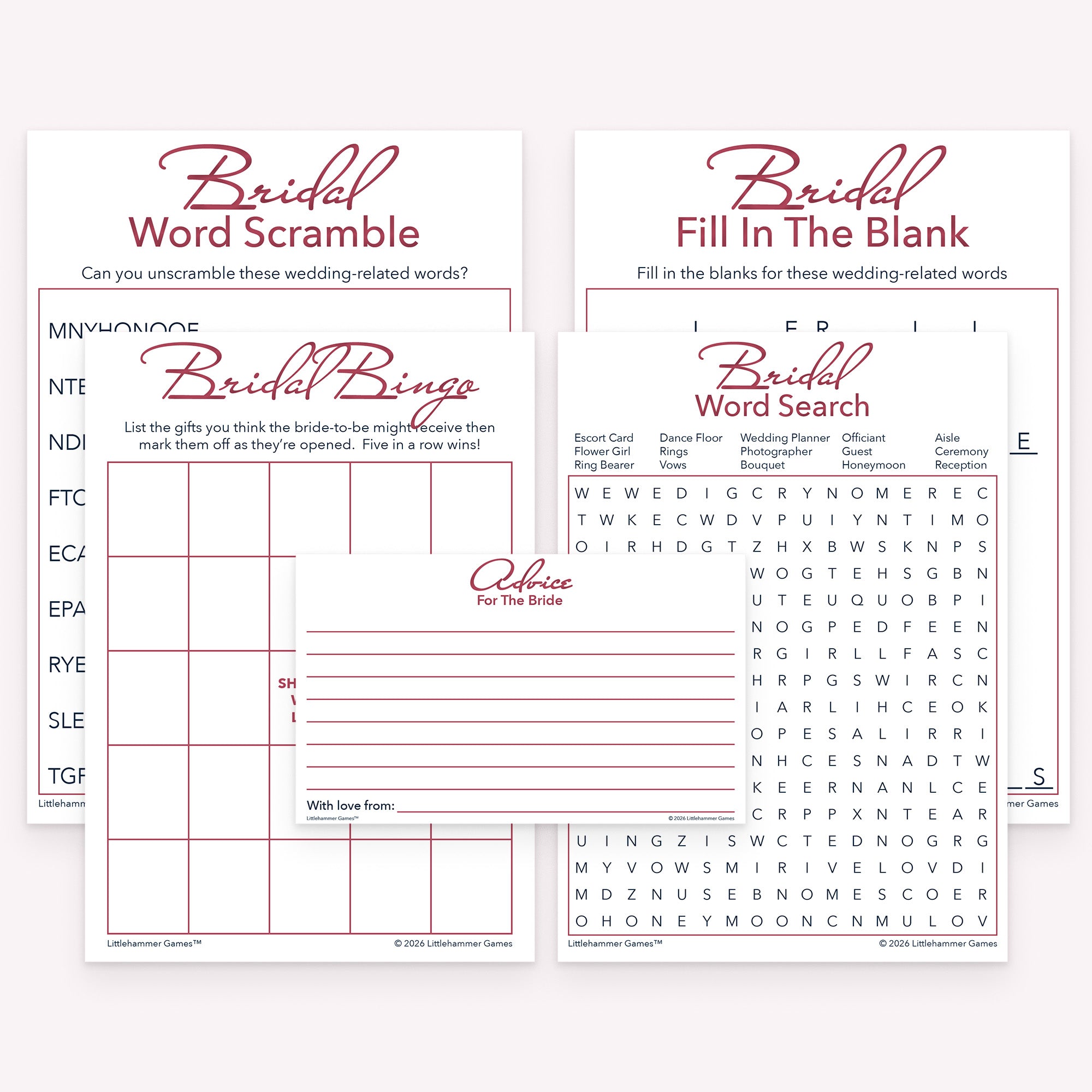 Rose gold printable bridal shower game bundle with bingo, word search, fill in the blank, word scramble, and advice cards