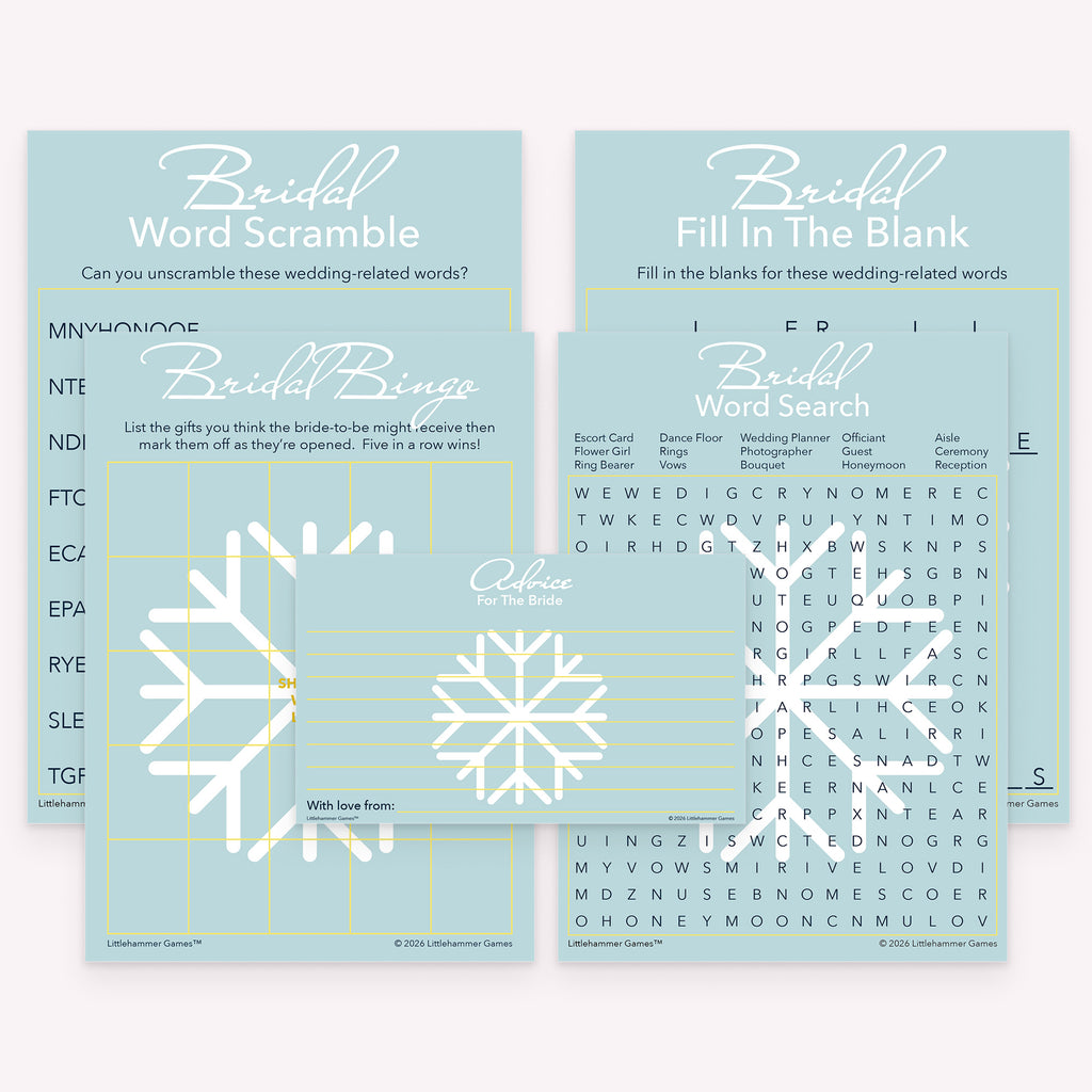 Snowflake-themed printable bridal shower game bundle with matching gift bingo, word scramble, fill in the blank, word search, and advice cards