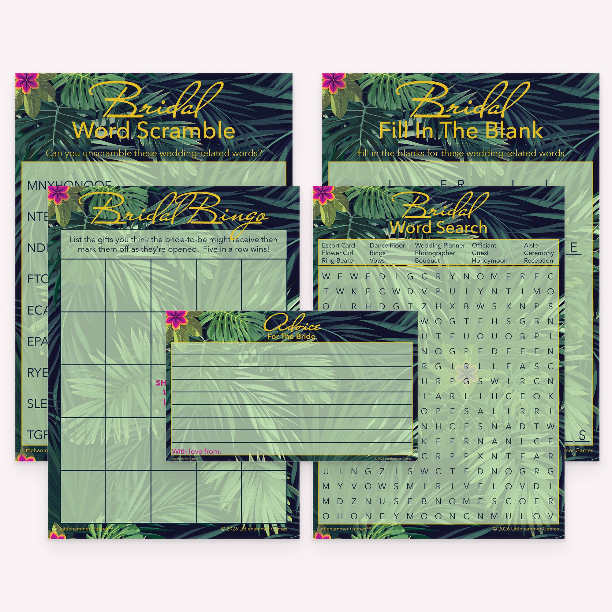 Tropical bridal shower printable games bundle with advice cards, word games, and printable gift bingo