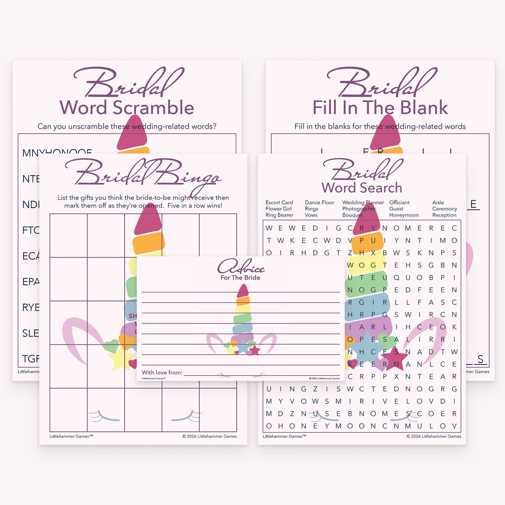 Unicorn-themed printable bridal shower game bundle with coordinated printable activities and advice cards