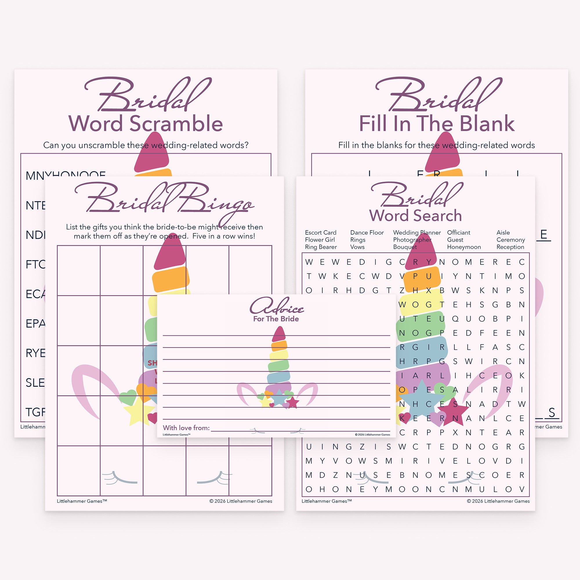 Unicorn-themed printable bridal shower game bundle with coordinated printable activities and advice cards