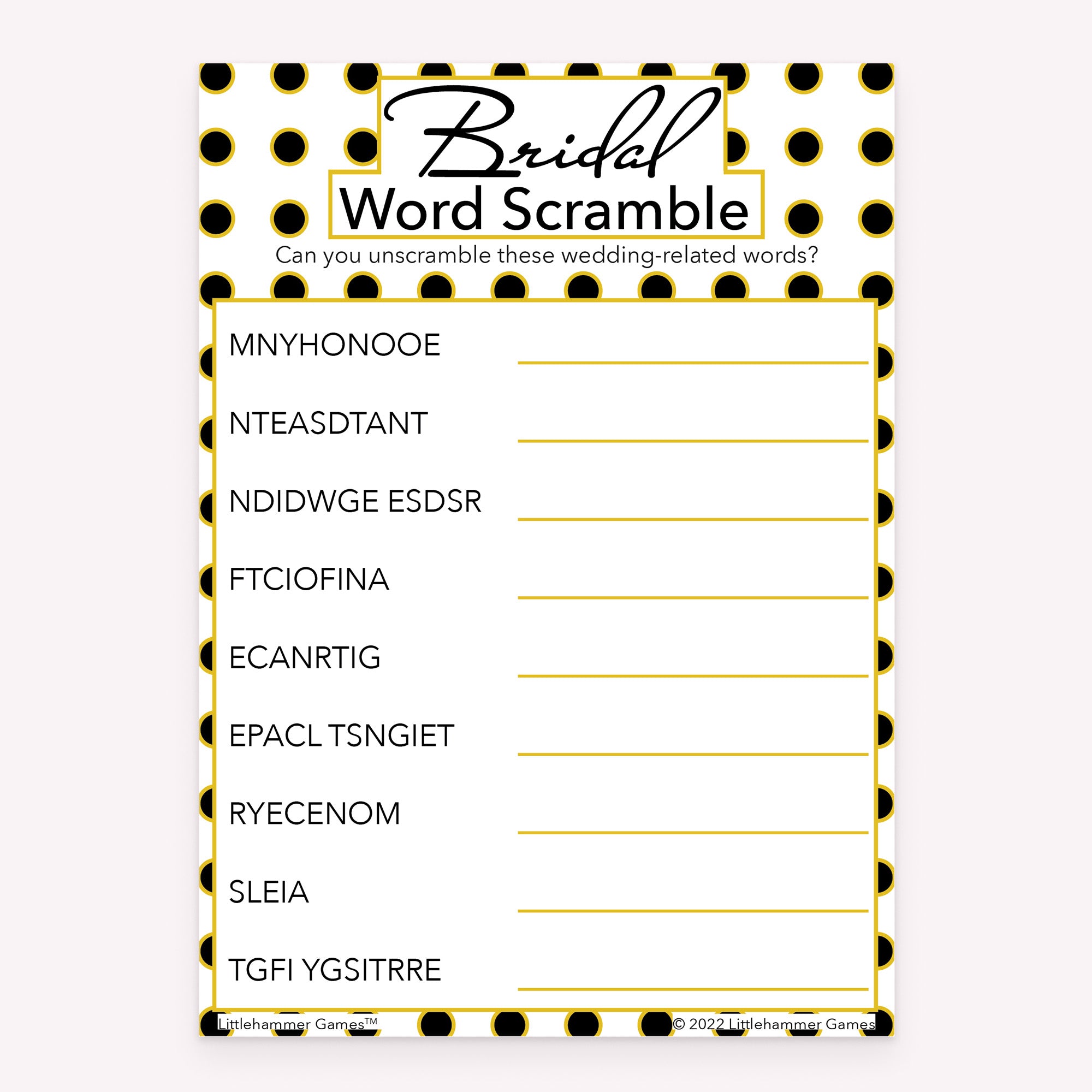 Black and gold polka dot printable Bridal Word Scramble bridal shower game card