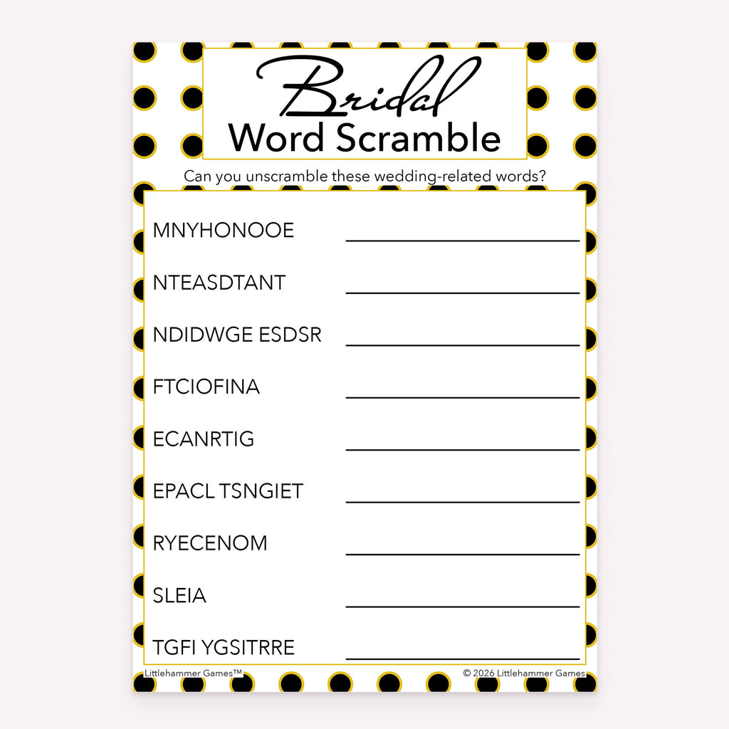 Black and gold polka dot printable Bridal Word Scramble bridal shower game card