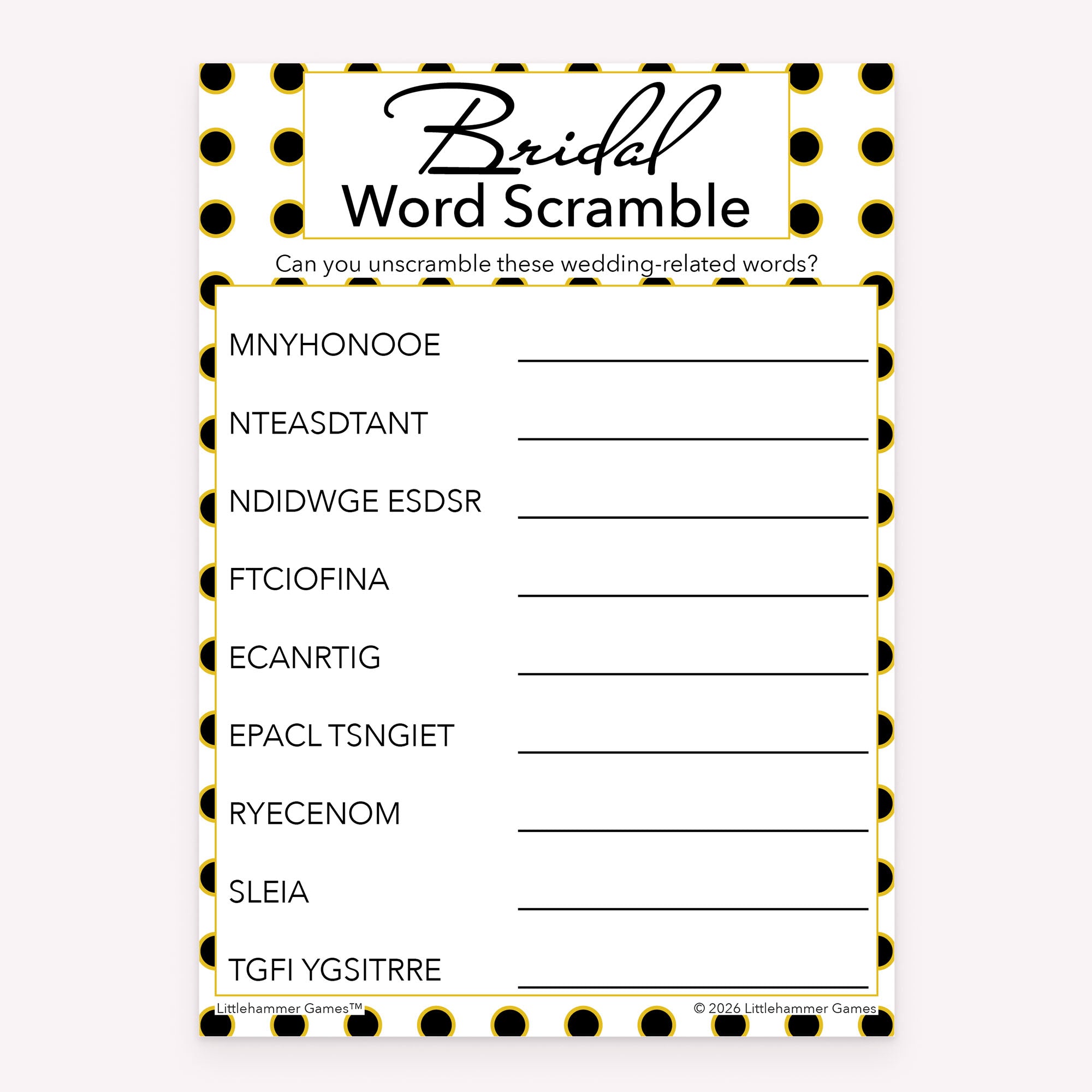 Black and gold polka dot printable Bridal Word Scramble bridal shower game card
