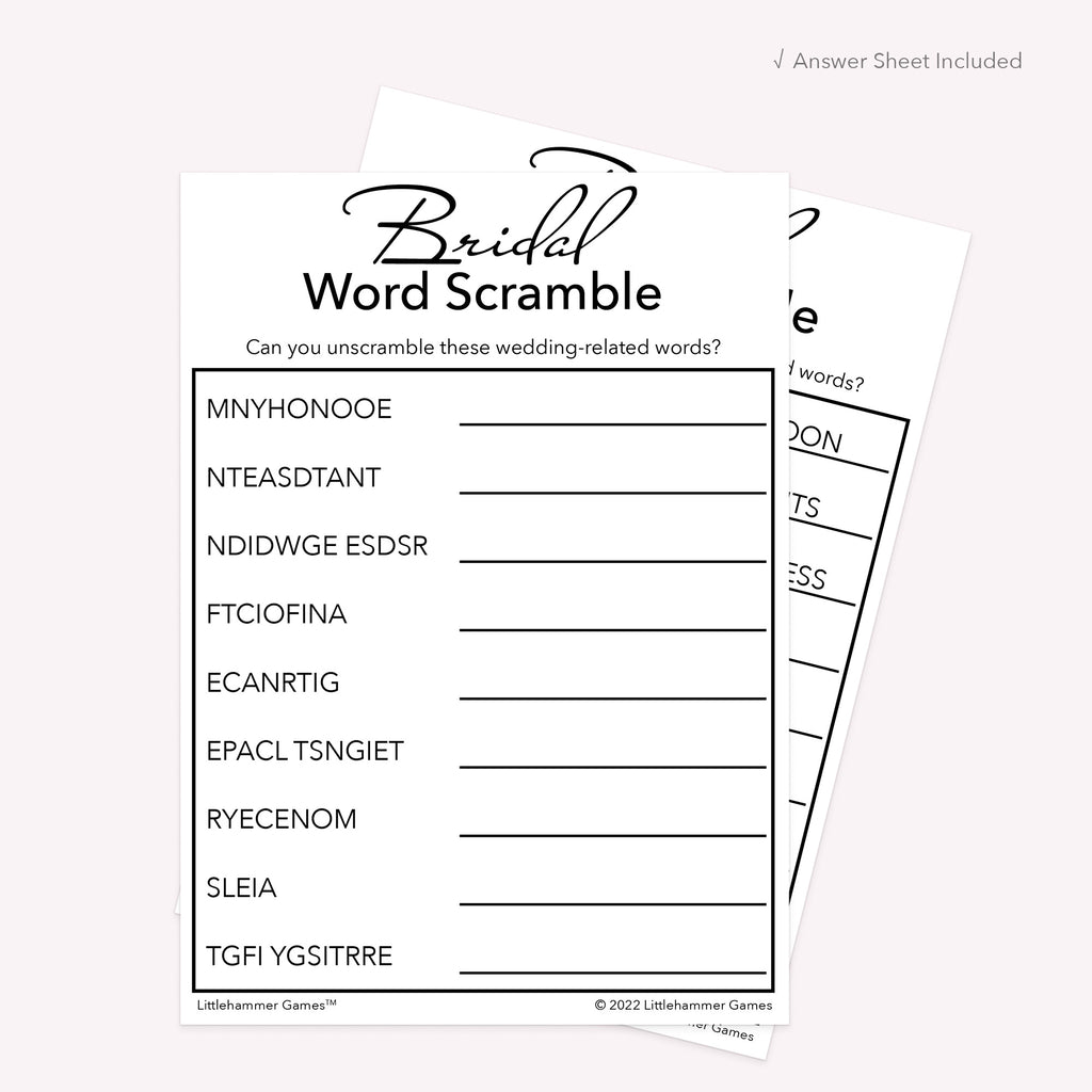Black and white Bridal Word Scramble printable card with coordinating answer sheet displayed