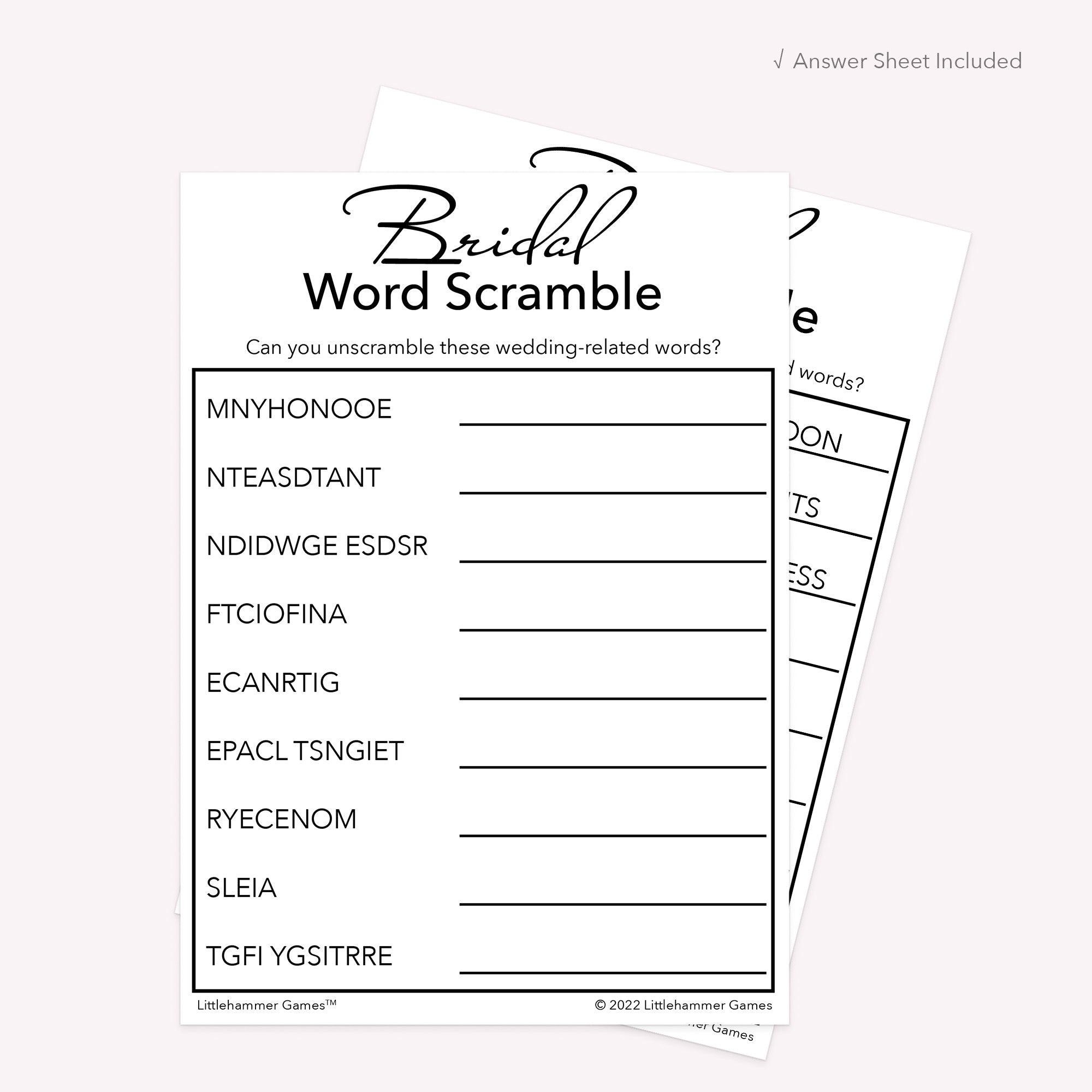 Black and white Bridal Word Scramble printable card with coordinating answer sheet displayed