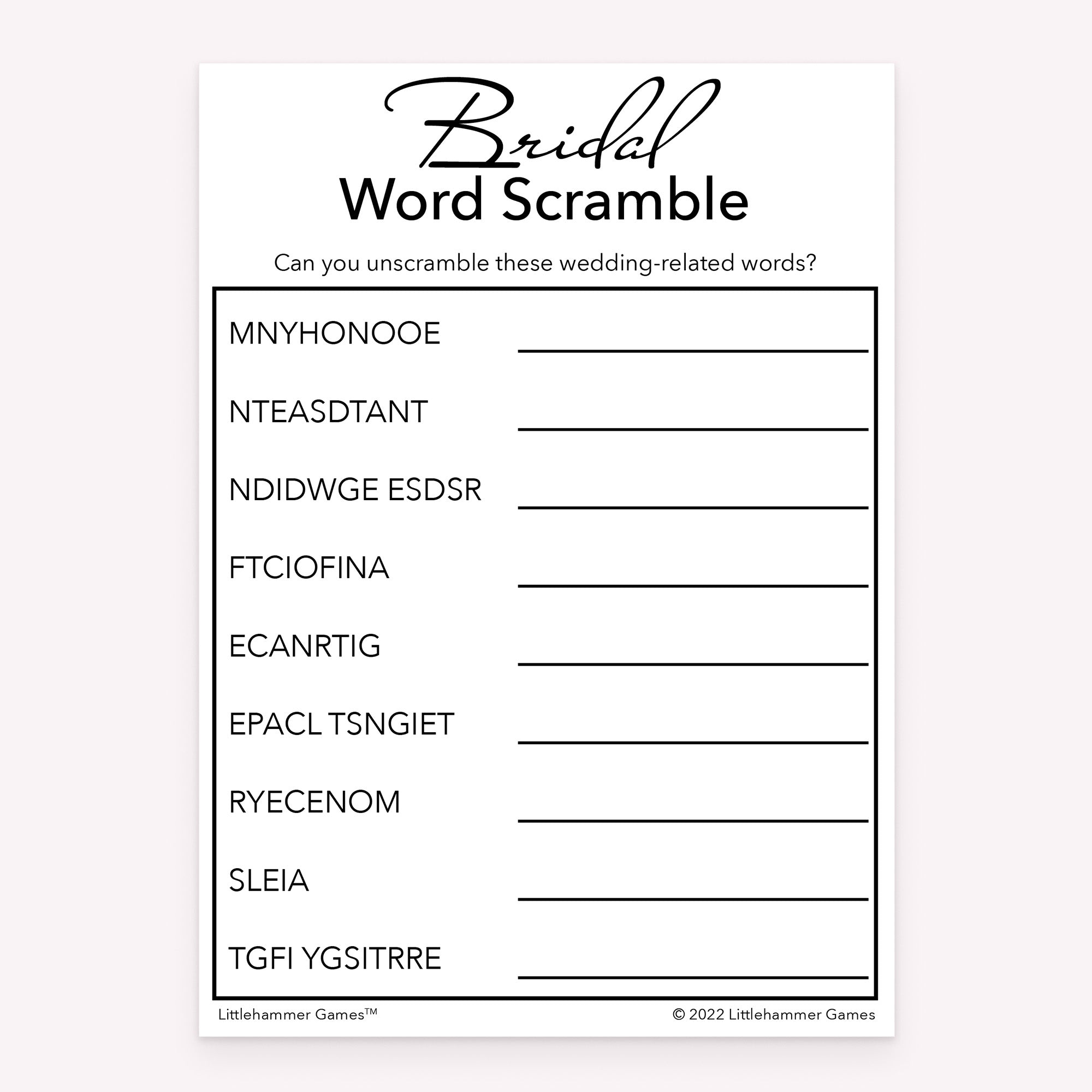 Bridal Word Scramble bridal shower printable activity card in black and white