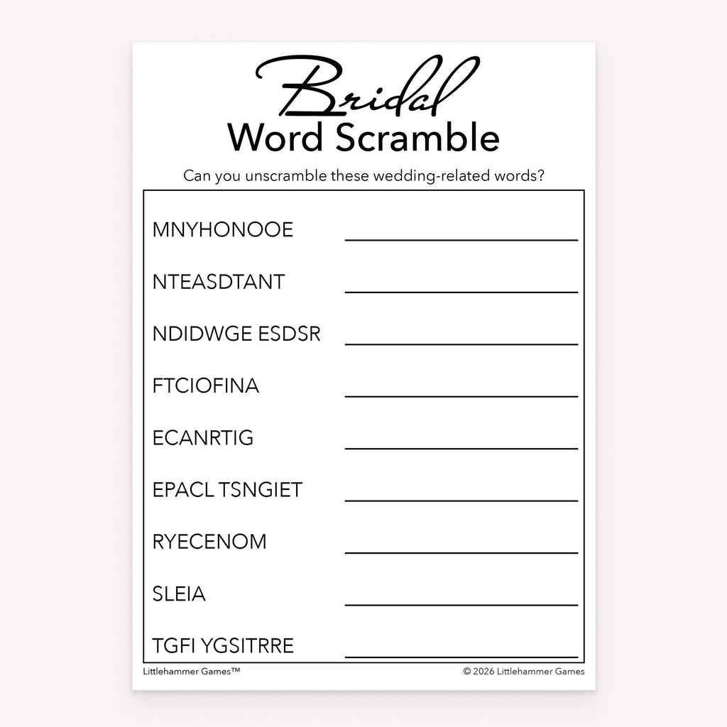 Printable bridal shower word scramble game card in black and white design
