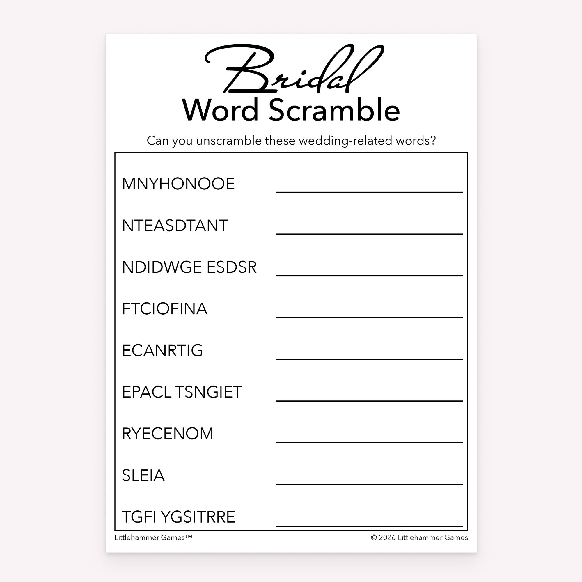 Bridal Word Scramble bridal shower printable activity card in black and white
