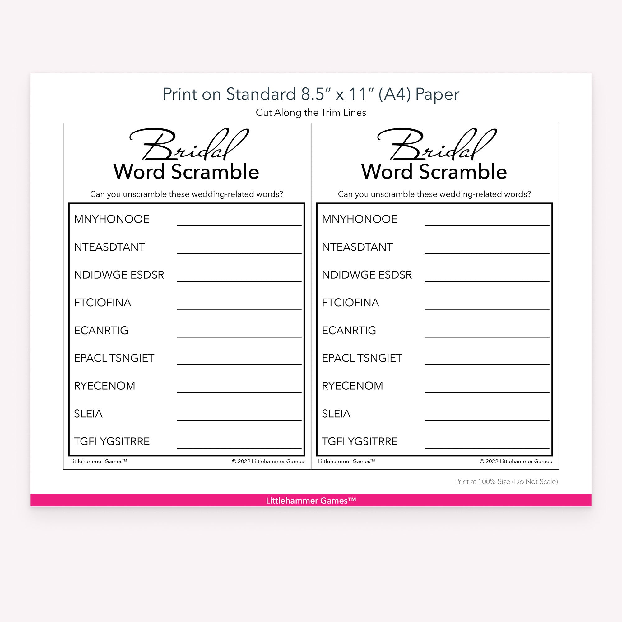 Printable black and white Bridal Word Scramble game card layout showing US Letter size dimensions and printing information