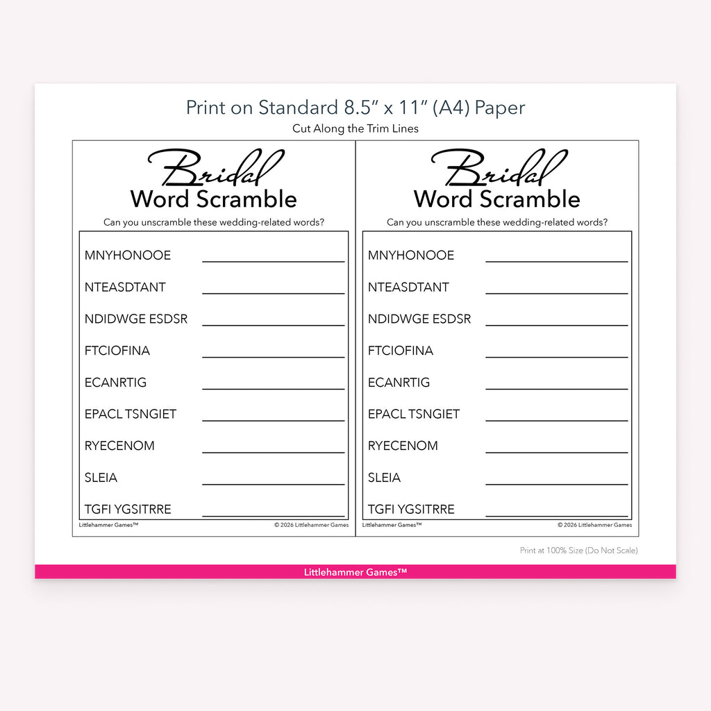 Printable black and white Bridal Word Scramble game card layout showing US Letter size dimensions and printing information
