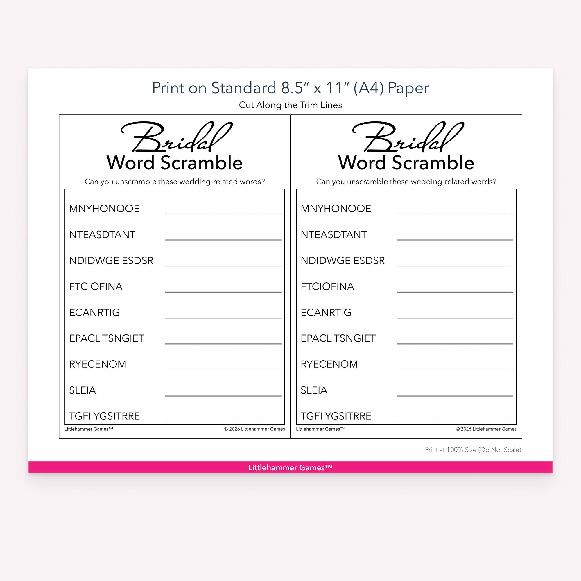 Printable black and white Bridal Word Scramble game card layout showing US Letter size dimensions and printing information
