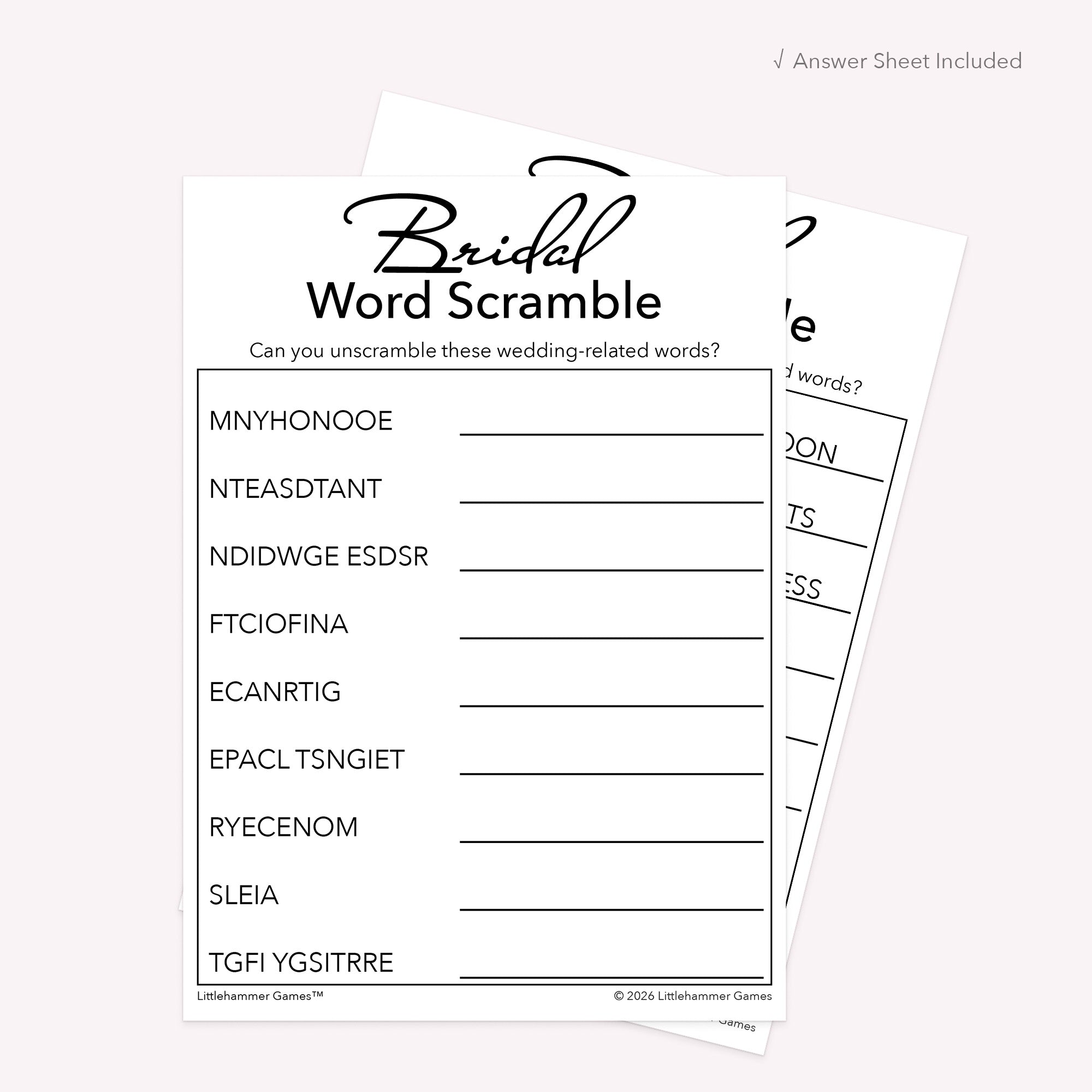 Black and white Bridal Word Scramble printable card with coordinating answer sheet displayed