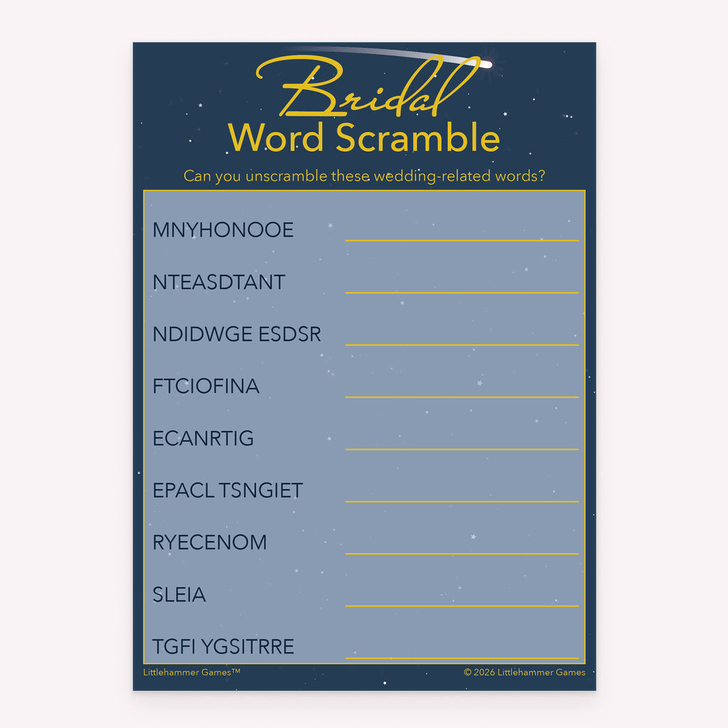 Bridal shower Bridal Word Scramble printable game card in blue and gold celestial color scheme