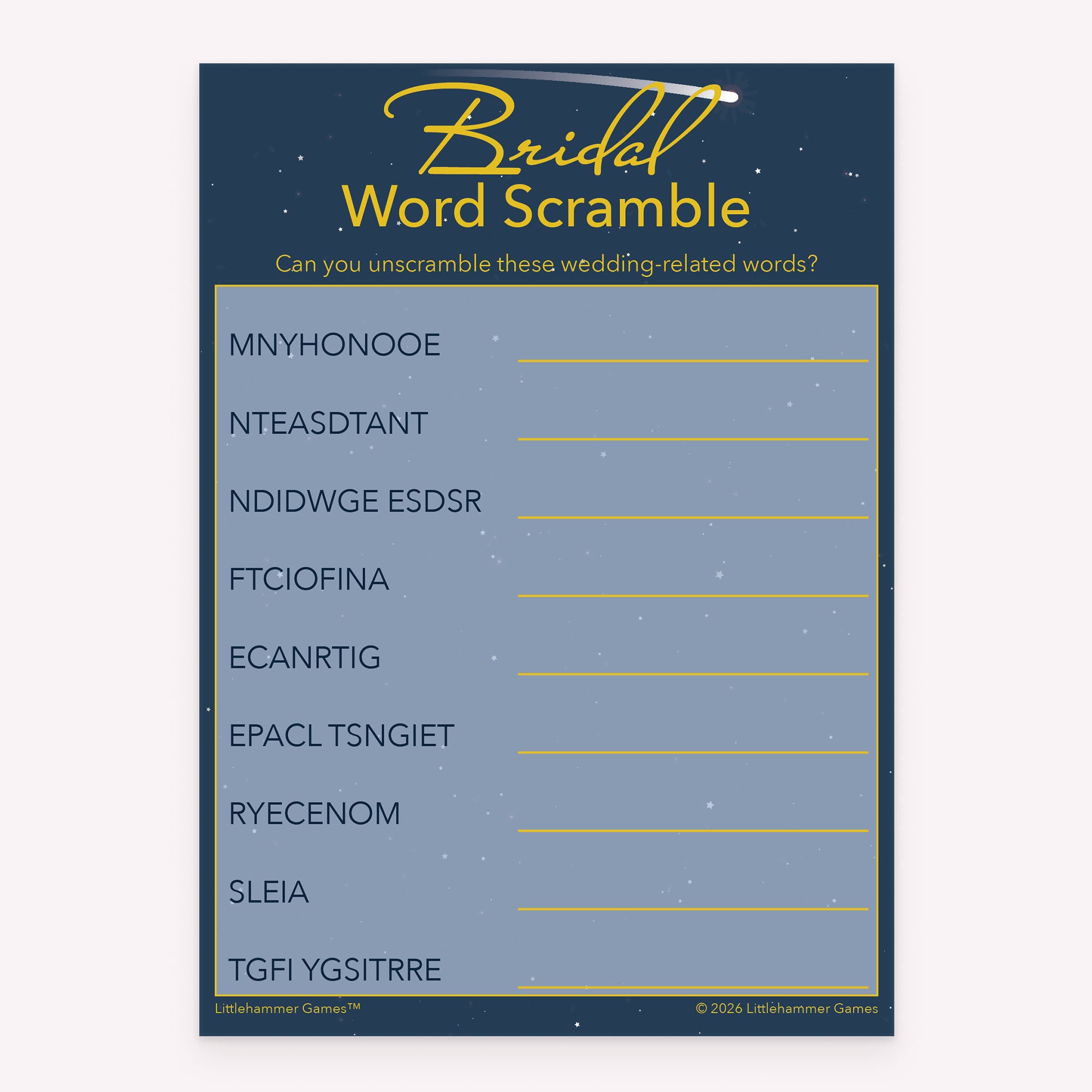 Bridal shower Bridal Word Scramble printable game card in blue and gold celestial color scheme