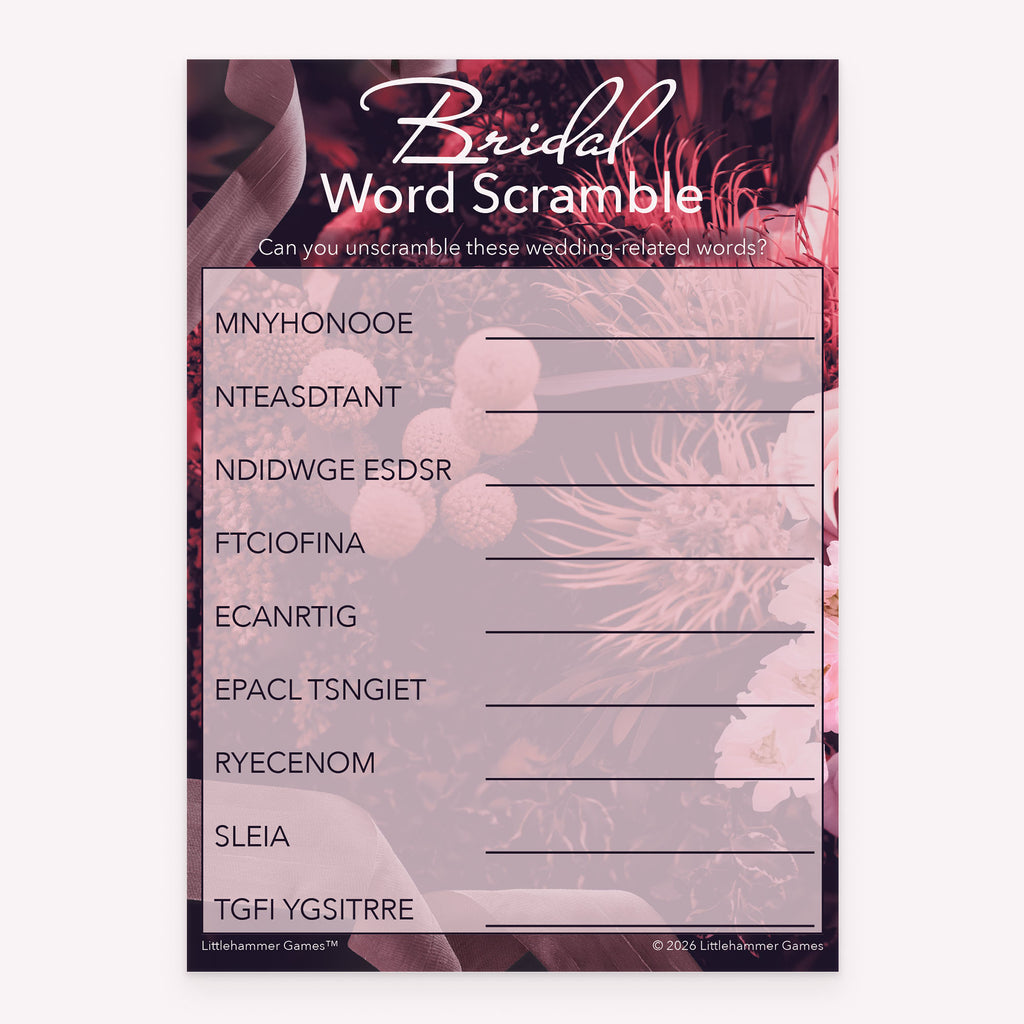 Bridal Word Scramble printable bridal shower game card with floral background