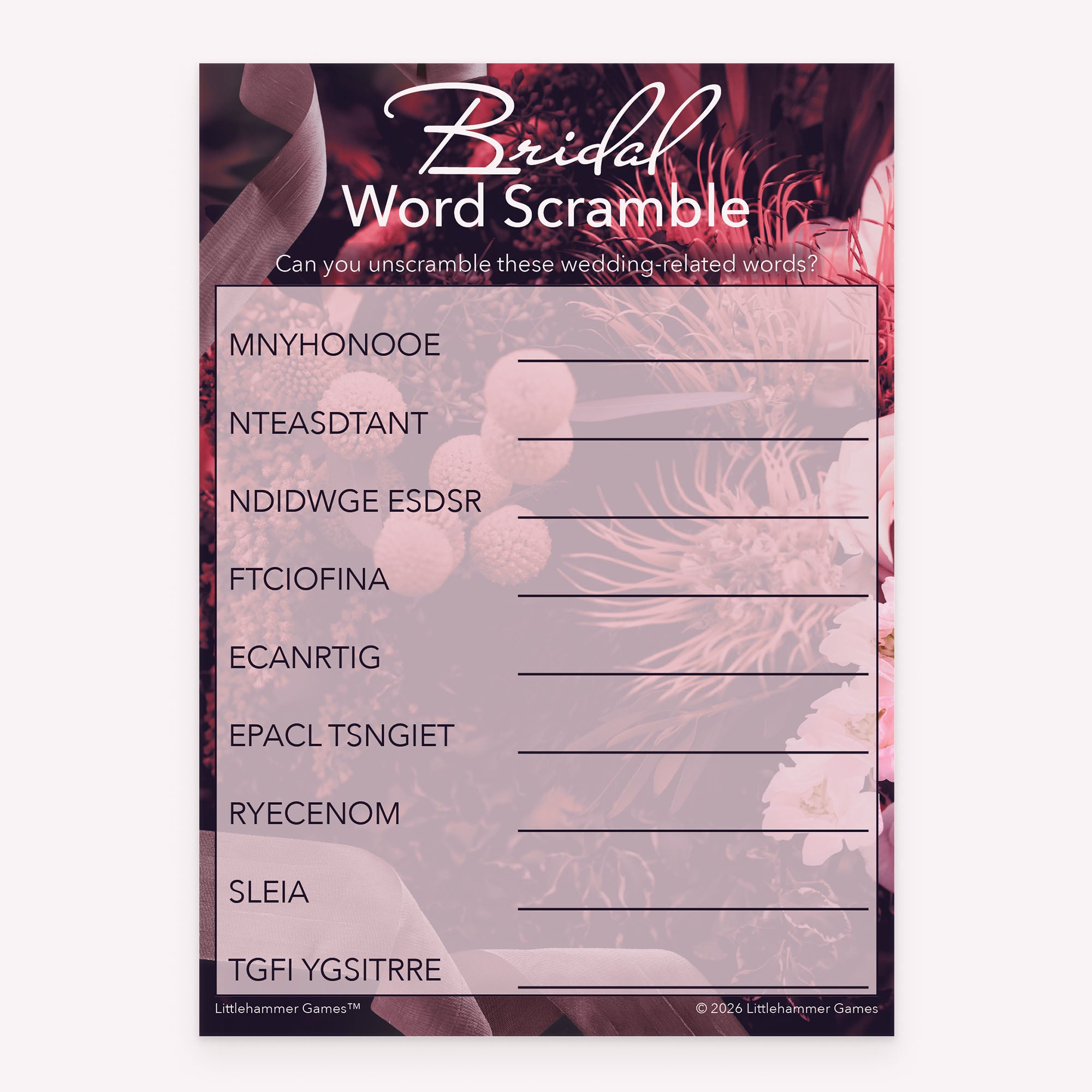 Bridal Word Scramble printable bridal shower game card with floral background