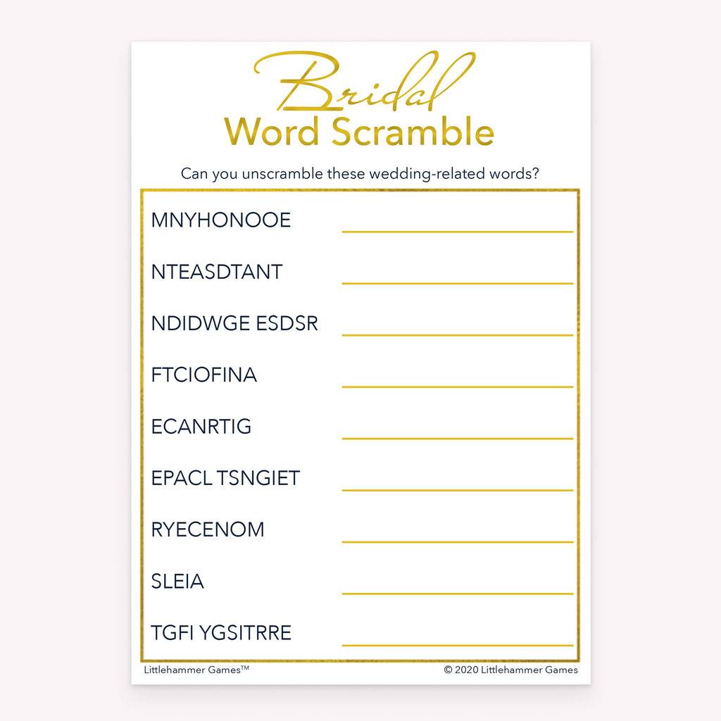 Gold and white printable bridal shower game card for Bridal Word Scramble