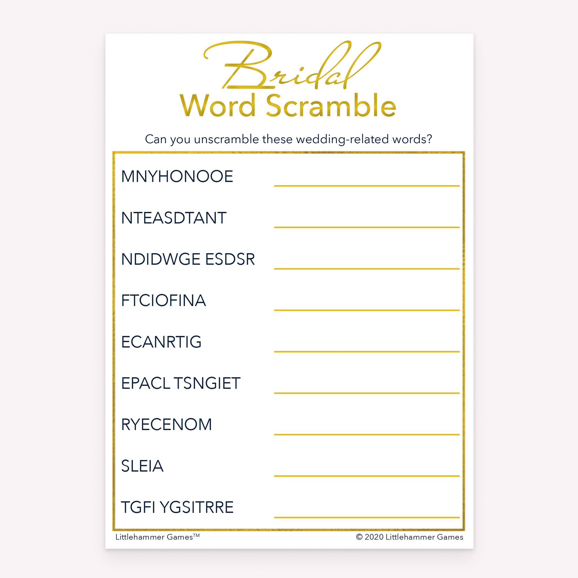 Gold and white printable bridal shower game card for Bridal Word Scramble