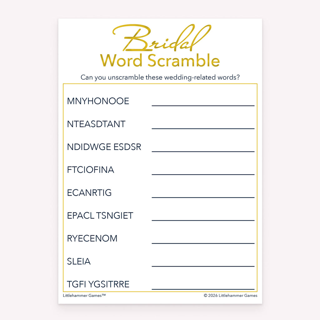 Gold and white printable bridal shower game card for Bridal Word Scramble