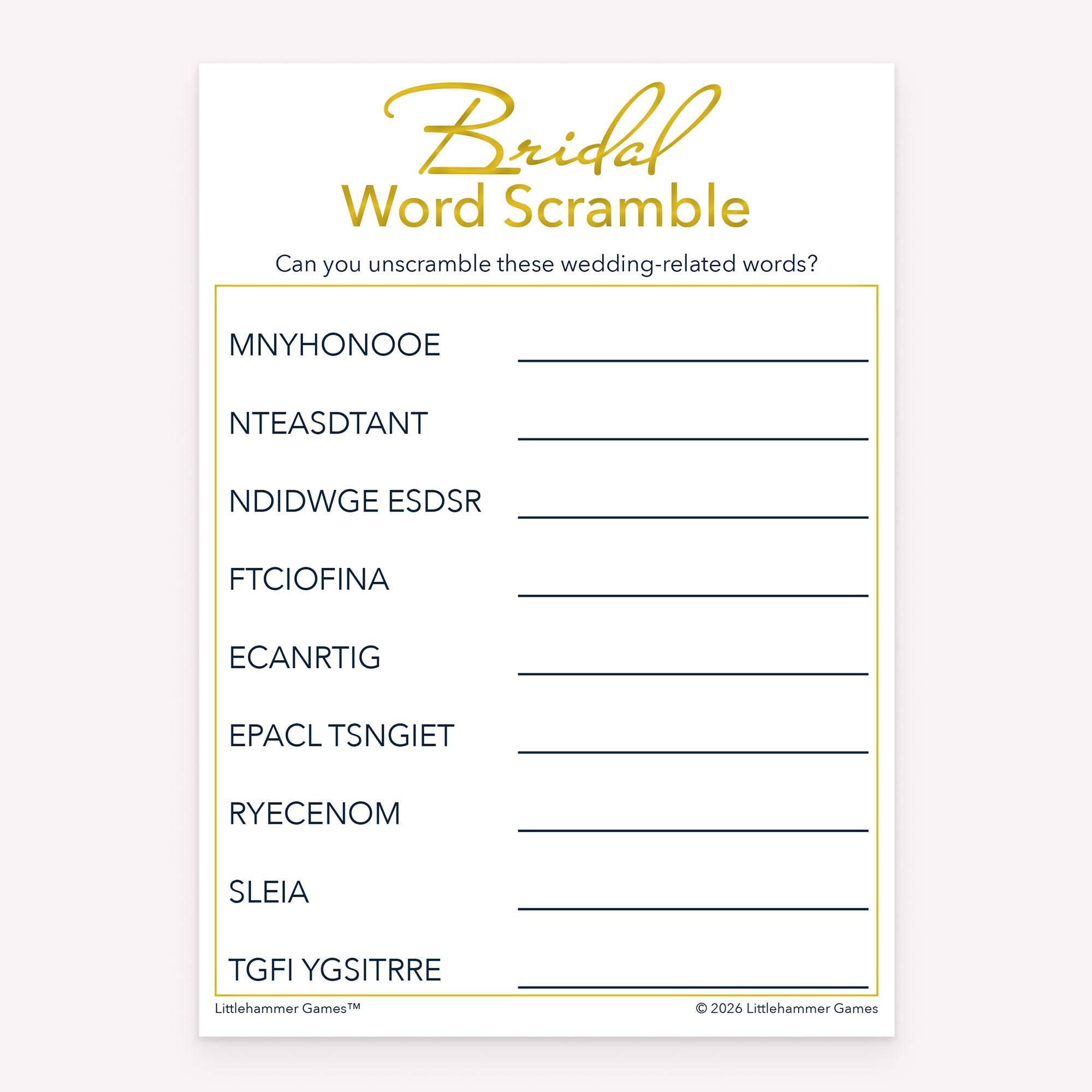 Gold and white printable bridal shower game card for Bridal Word Scramble