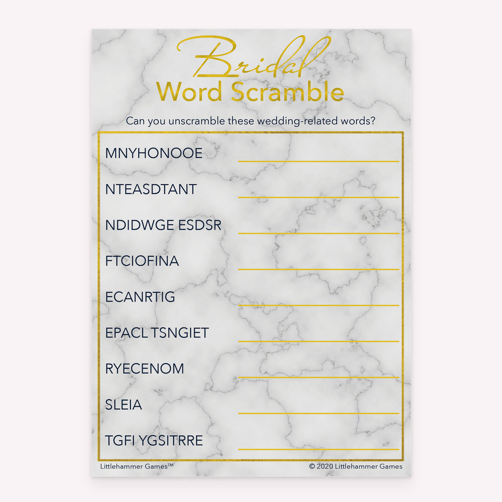 Printable bridal shower Bridal Word Scramble card in gold and marble theme
