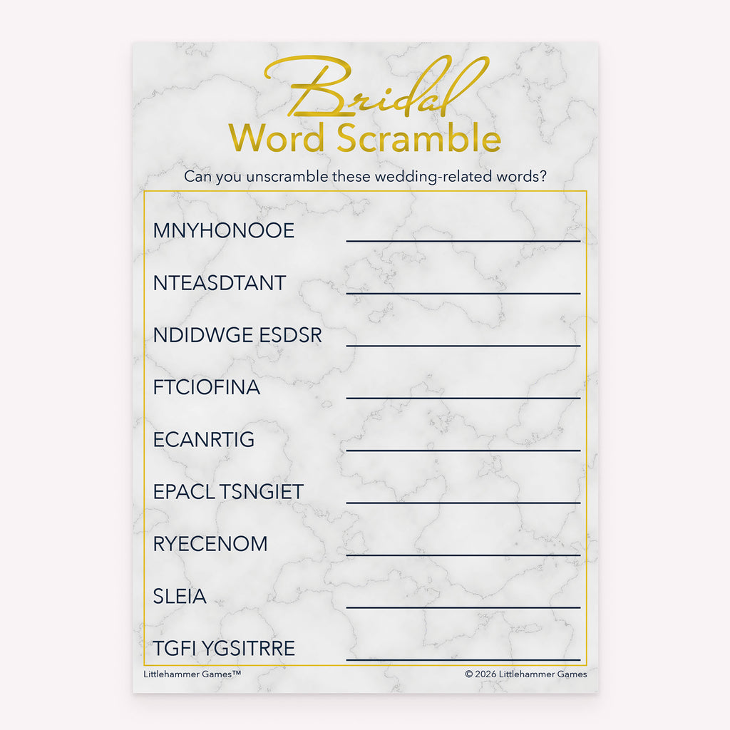 Printable bridal shower Bridal Word Scramble card in gold and marble theme