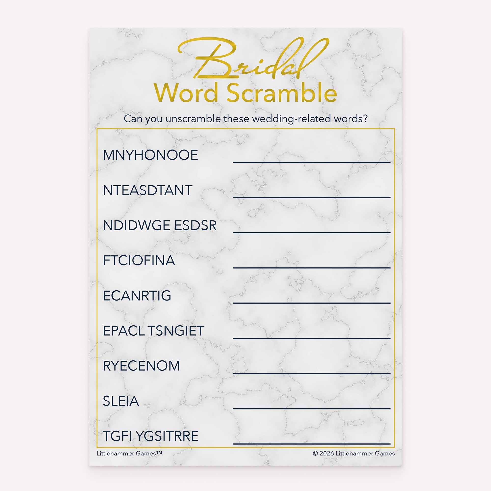 Printable bridal shower Bridal Word Scramble card in gold and marble theme