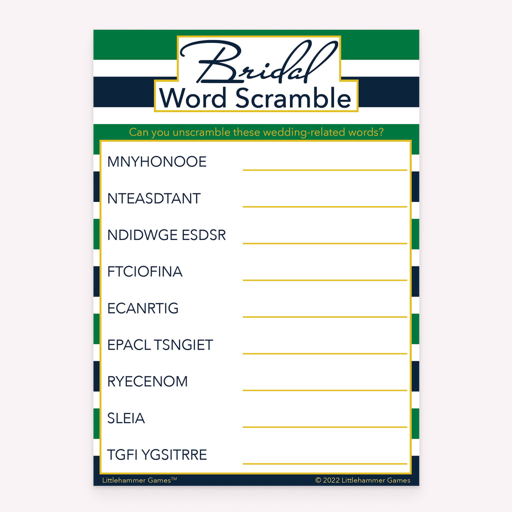 Printable bridal shower Bridal Word Scramble game card with green and navy-striped design