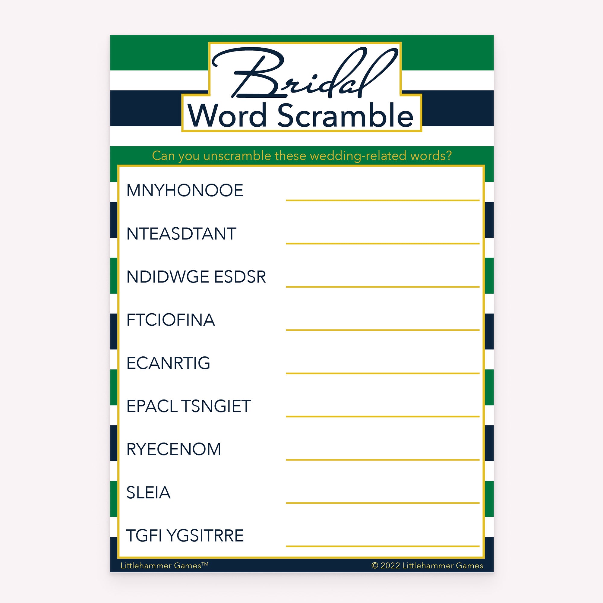 Printable bridal shower Bridal Word Scramble game card with green and navy-striped design