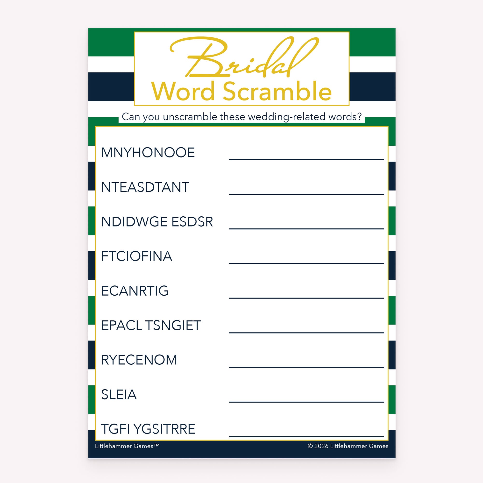Printable bridal shower Bridal Word Scramble game card with green and navy-striped design