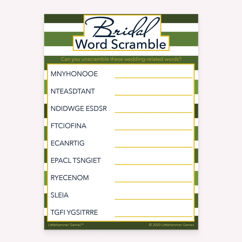 Green stripe bridal shower Bridal Word Scramble printable game card layout