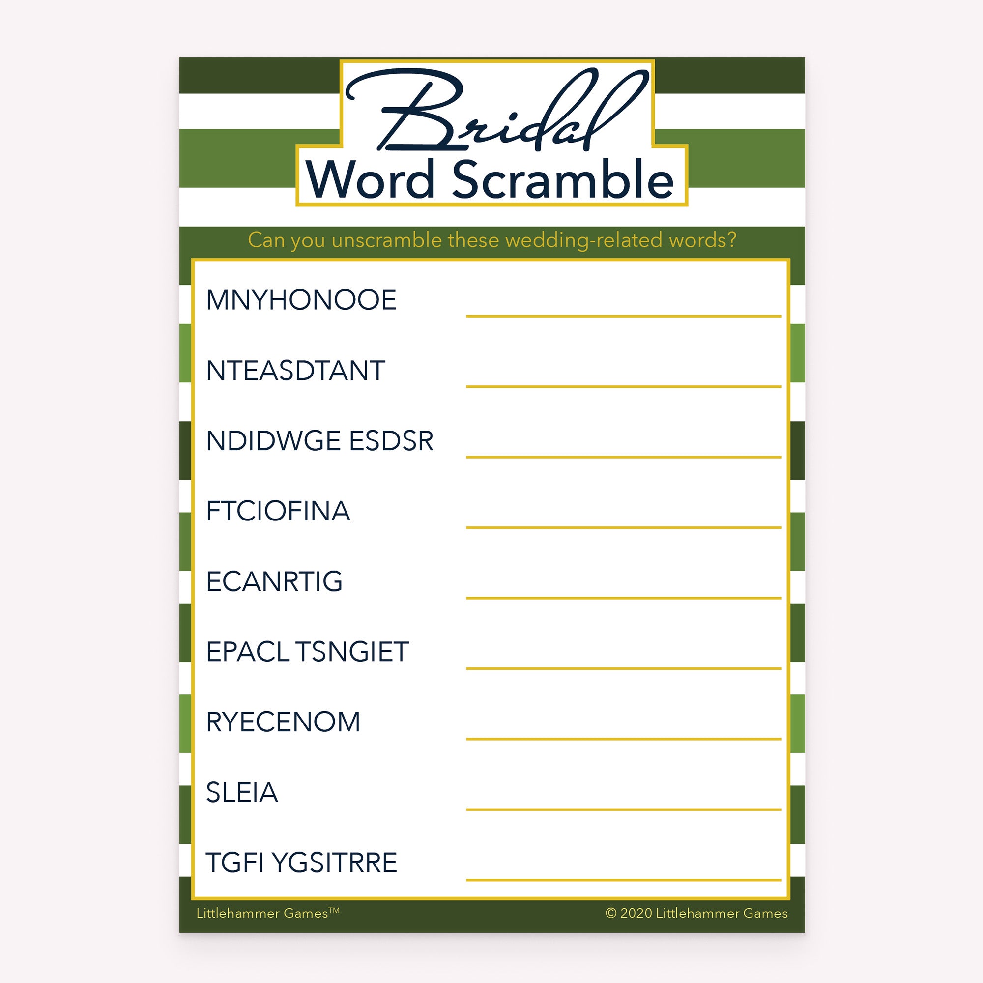 Green stripe bridal shower Bridal Word Scramble printable game card layout