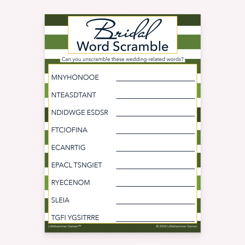 Green stripe bridal shower Bridal Word Scramble printable game card layout