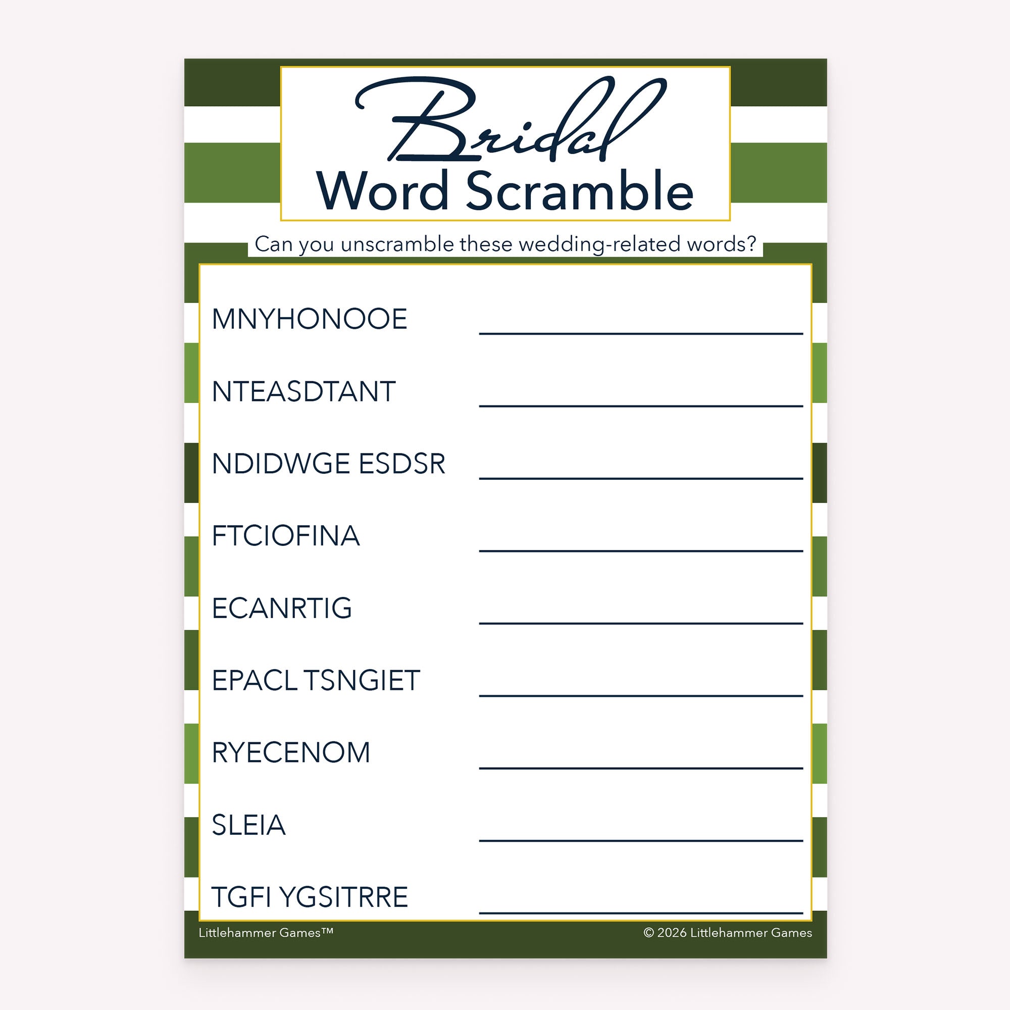 Green stripe bridal shower Bridal Word Scramble printable game card layout