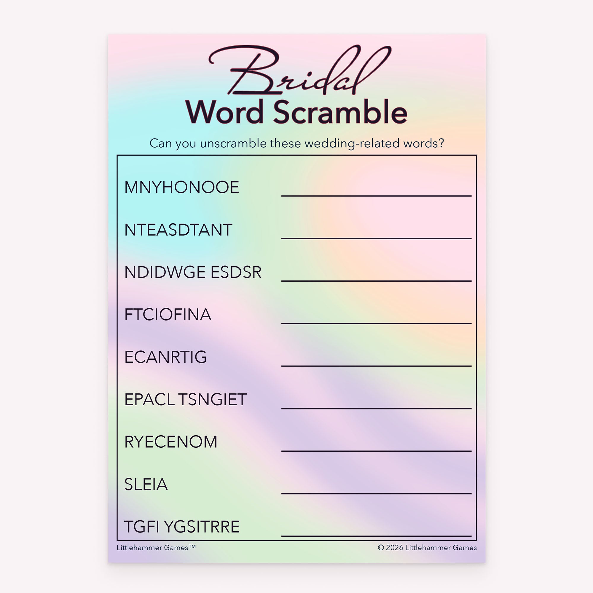 Bridal Word Scramble bridal shower printable game card featuring hologram style