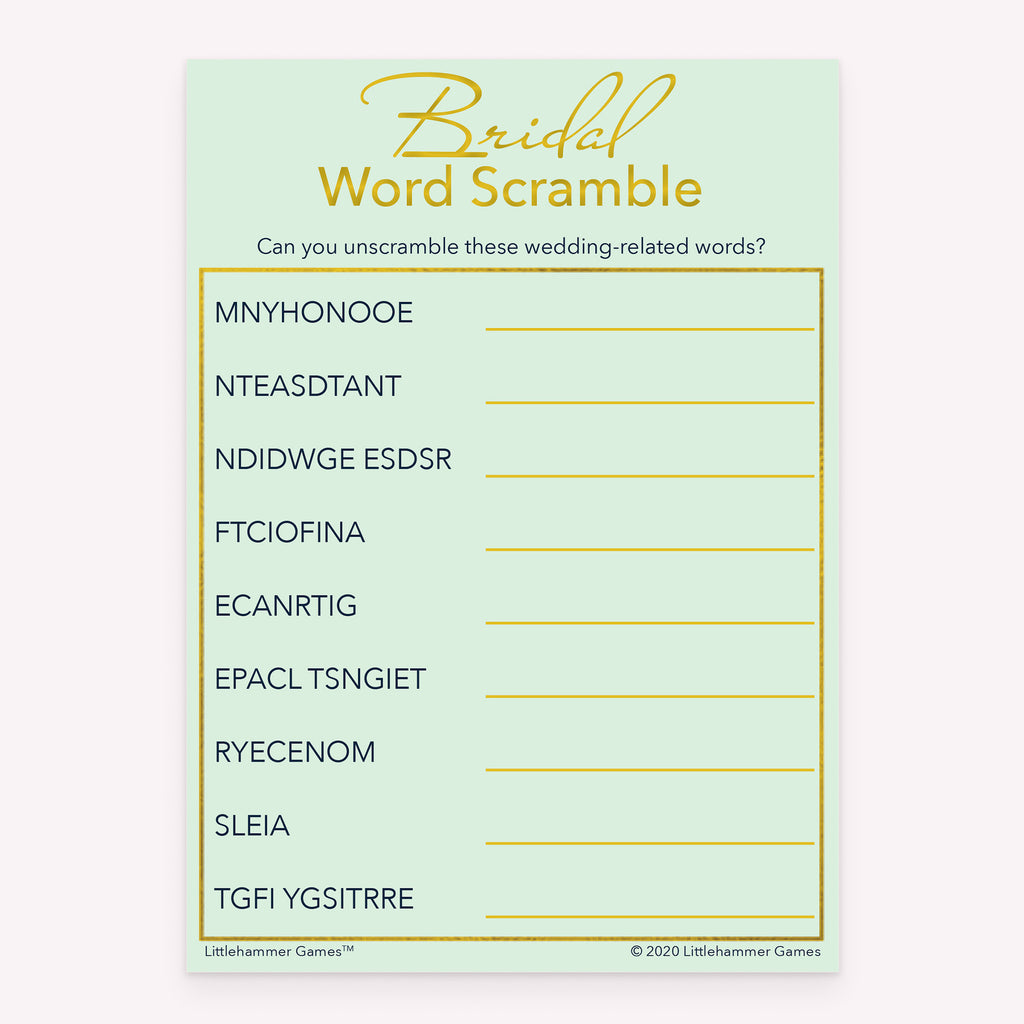Bridal Word Scramble bridal shower game card with mint and gold layout