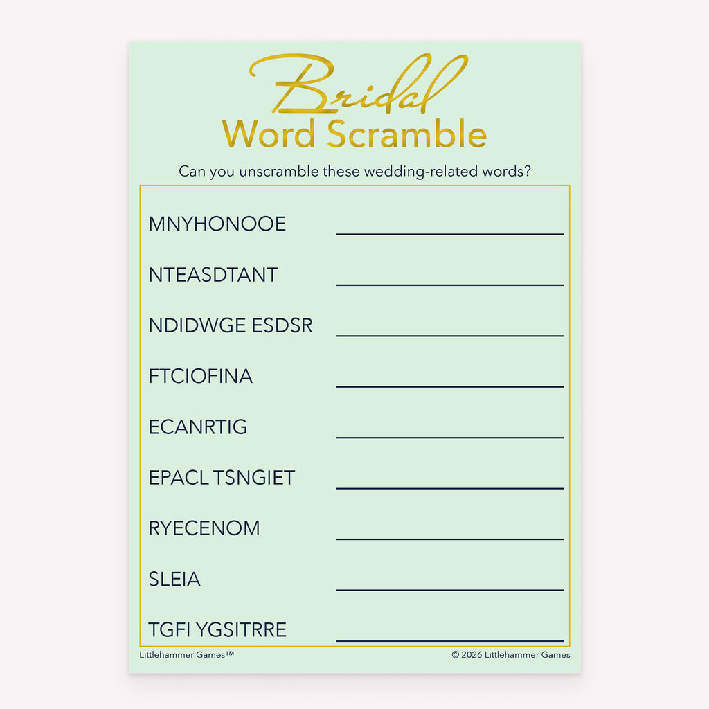 Bridal Word Scramble bridal shower game card with mint and gold layout