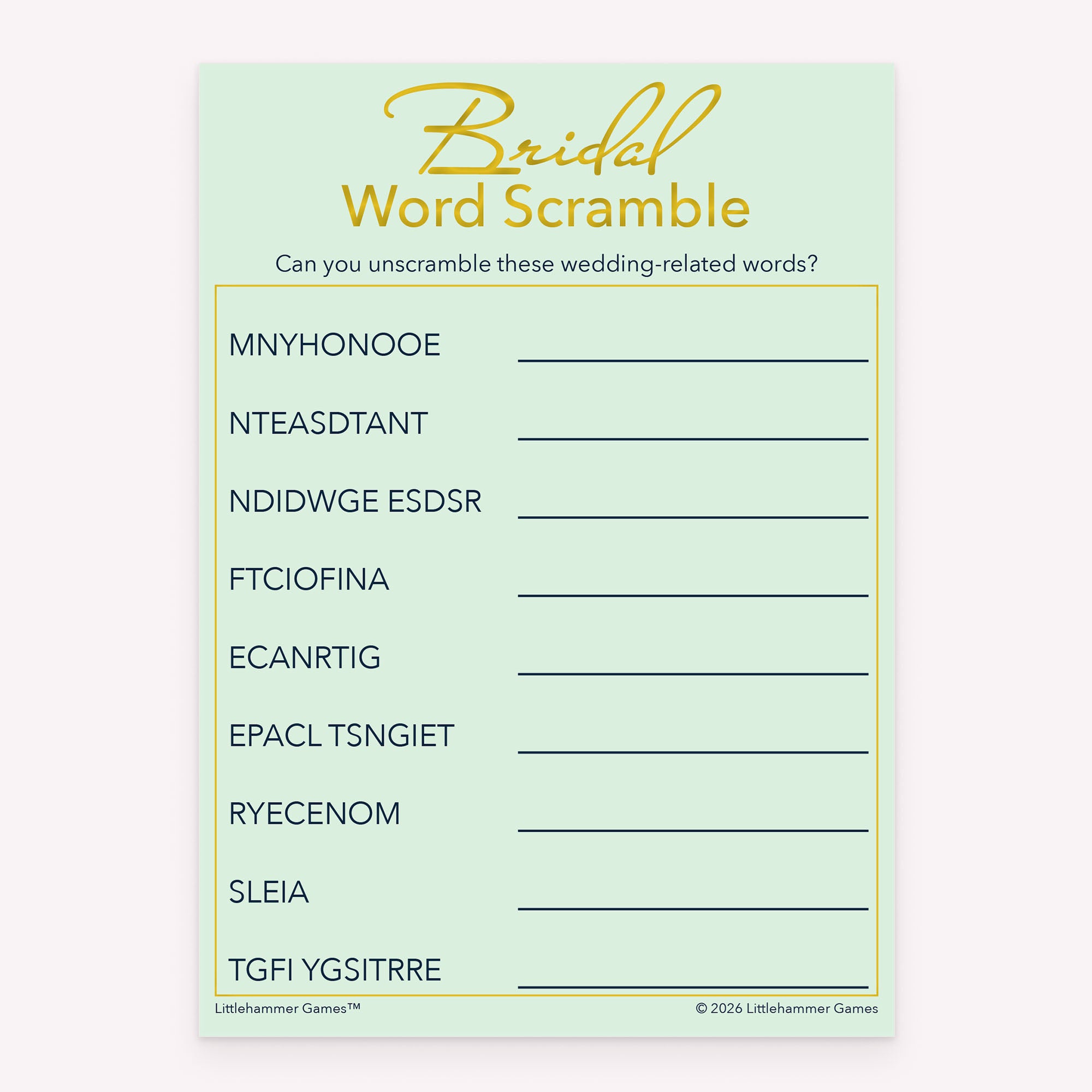Bridal Word Scramble bridal shower game card with mint and gold layout