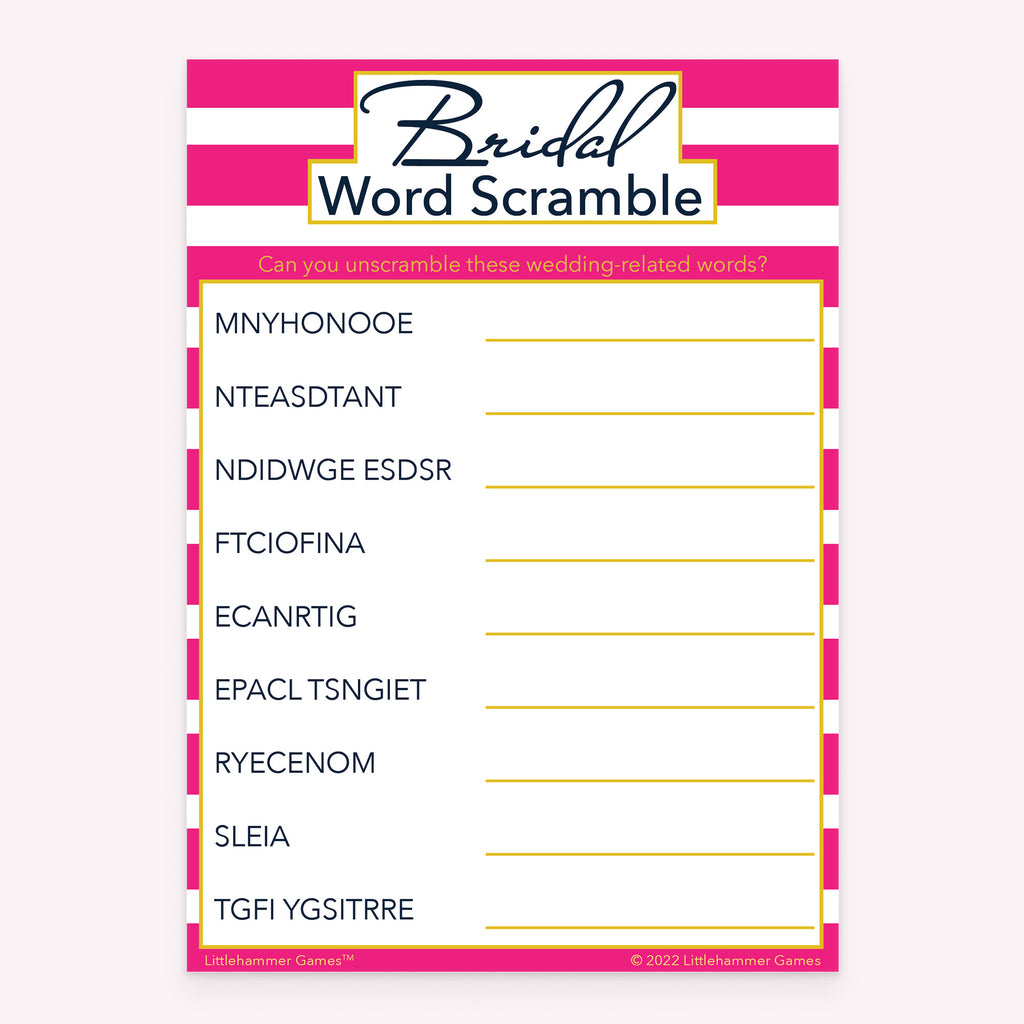 Bridal Word Scramble bridal shower printable card in pink-striped theme