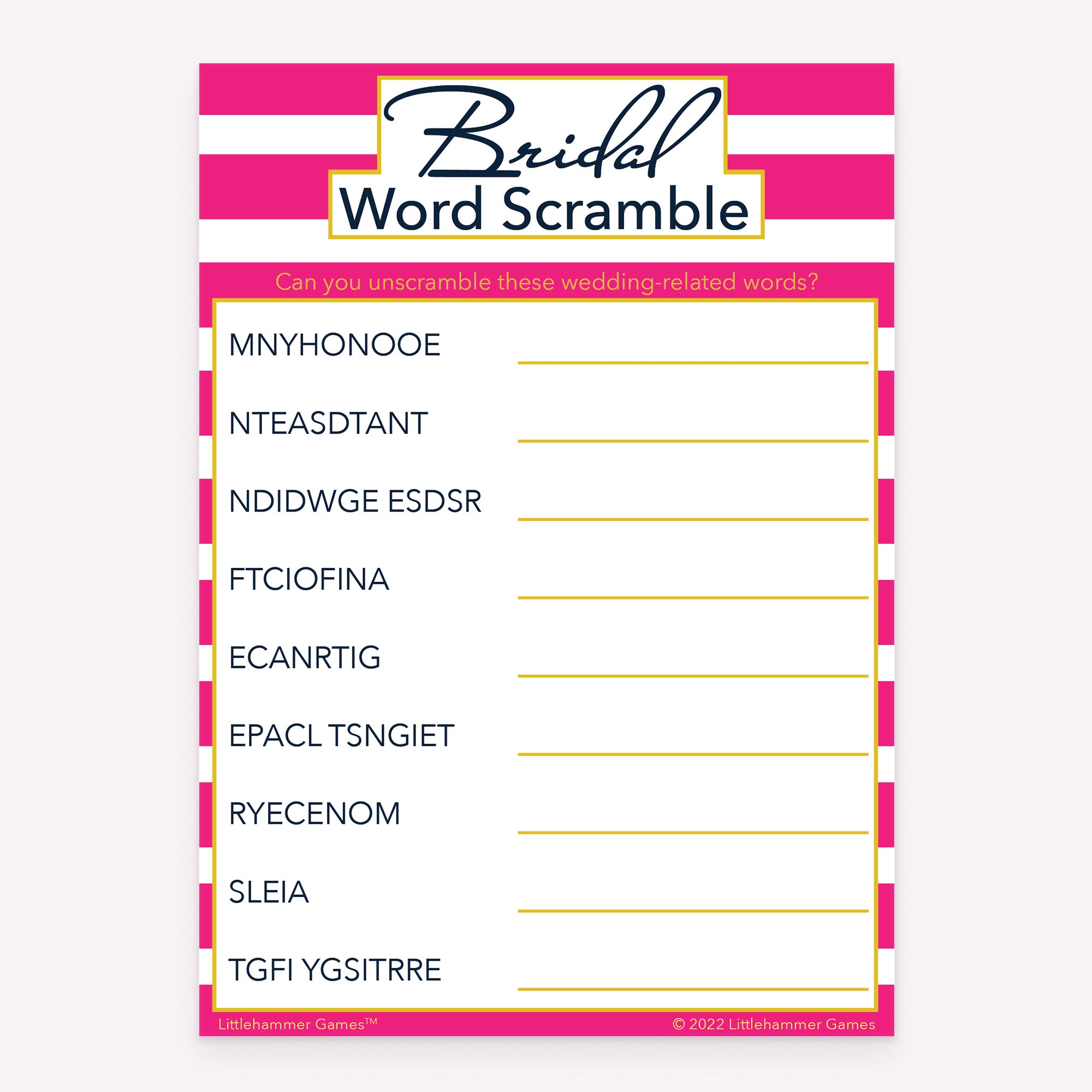 Bridal Word Scramble bridal shower printable card in pink-striped theme