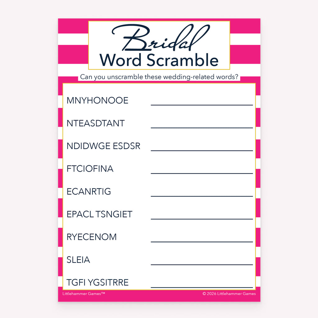 Bridal Word Scramble bridal shower printable card in pink-striped theme