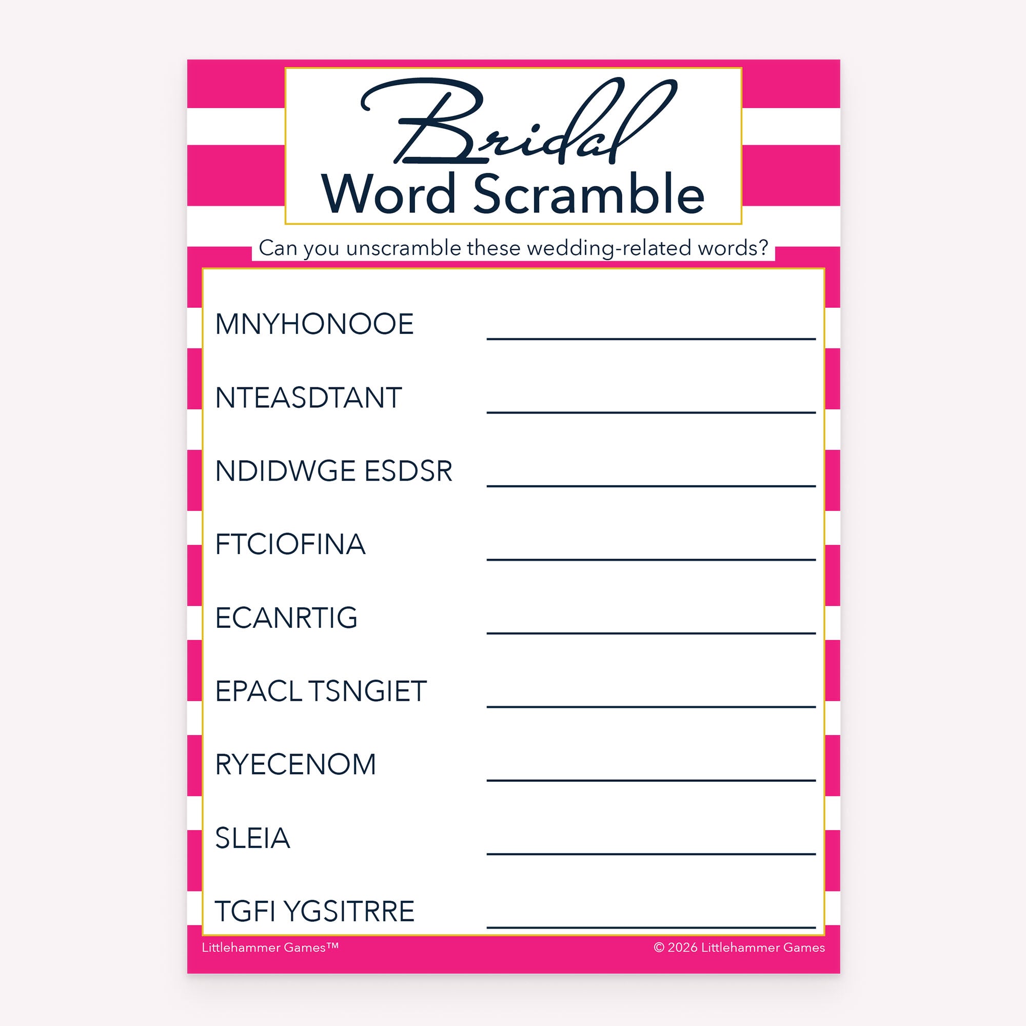 Bridal Word Scramble bridal shower printable card in pink-striped theme