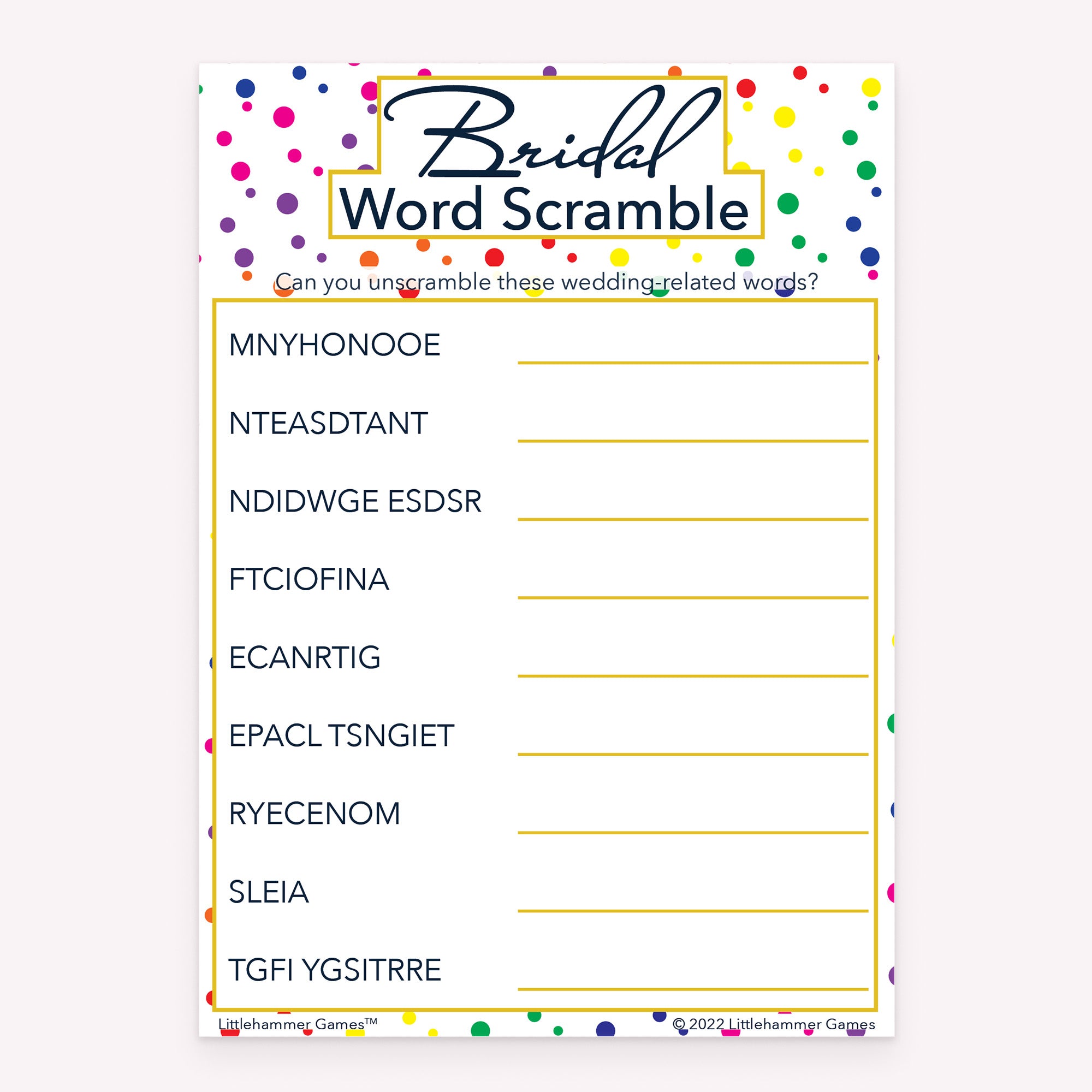 Printable Bridal Word Scramble bridal shower game card in rainbow polka dot design