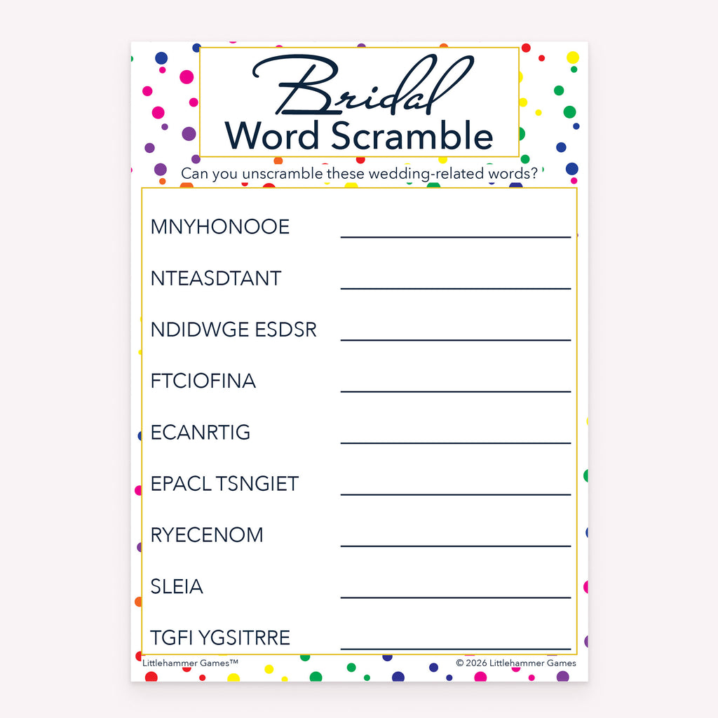 Printable Bridal Word Scramble bridal shower game card in rainbow polka dot design
