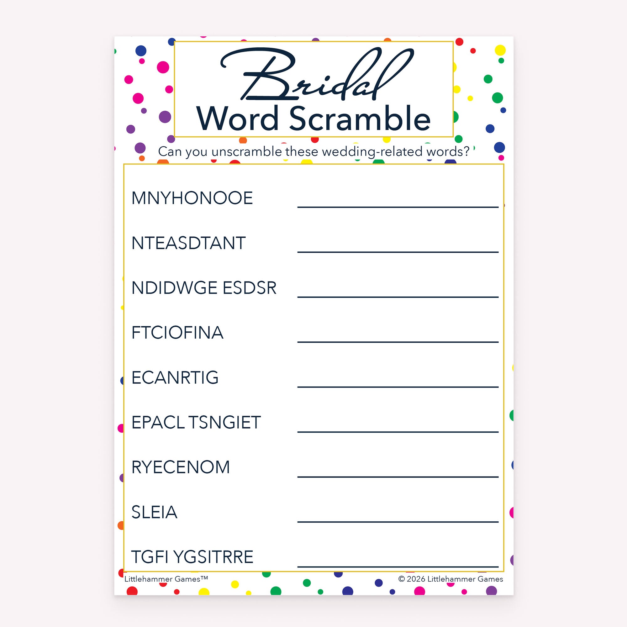 Printable Bridal Word Scramble bridal shower game card in rainbow polka dot design