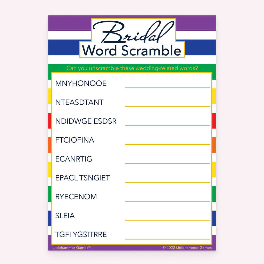 Rainbow stripe printable bridal shower Bridal Word Scramble activity card