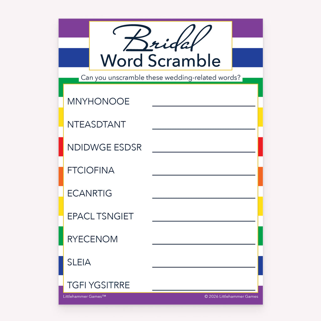 Rainbow stripe printable bridal shower Bridal Word Scramble activity card